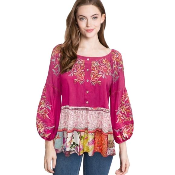 NWT John Mark Pink Multi Embroidered Patchwork Gracelyn Top Womens Size Medium - Picture 1 of 9